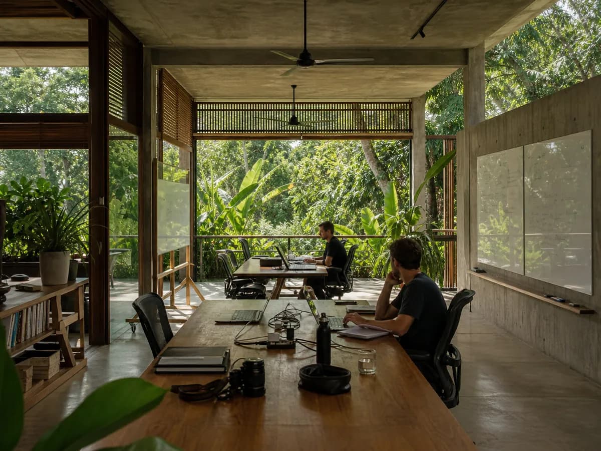 Residents building together at a table in the Bali founder house